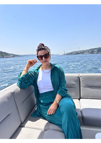 Asel Fashion Pileli Saten Gömlekli Takım Nil Yeşil