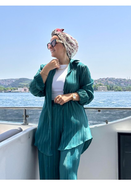 Asel Fashion Pileli Saten Gömlekli Takım Nil Yeşil