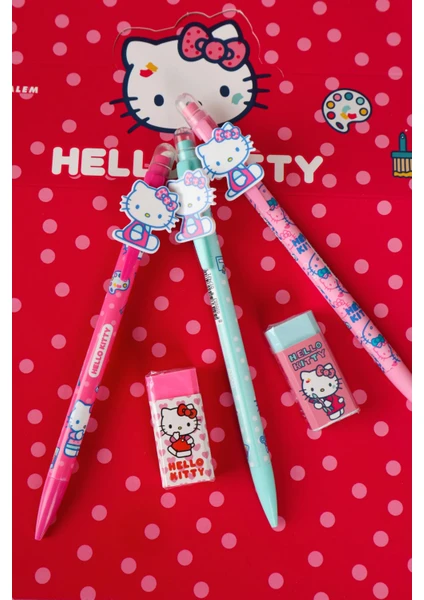 Hello Kitty Yeni Sezon Lisanslı Hello Kıtty 2d Figürlü Versatil Uçlu Kalem 0.7 mm ve Silgi Seti