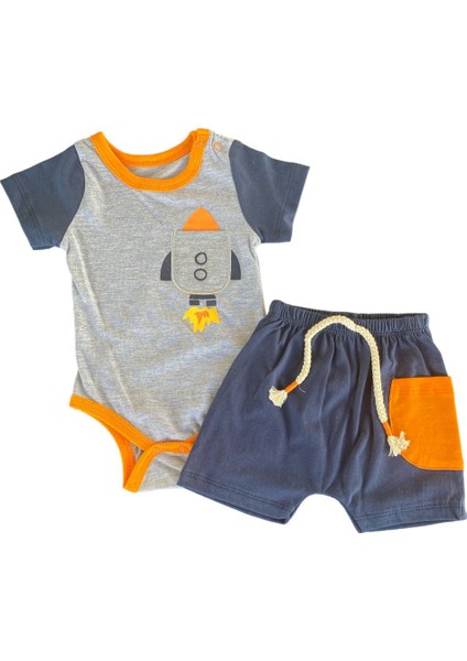 Roket Figürlü Çıtçıtlı Badi Şort Bebek Takımı