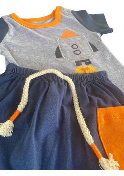 Roket Figürlü Çıtçıtlı Badi Şort Bebek Takımı