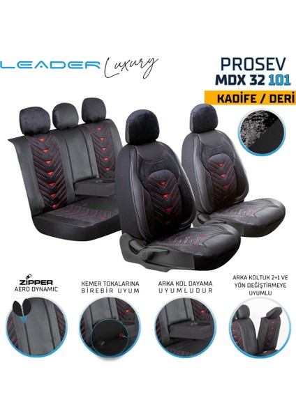 chevrolet Kalos Lüx Oto Koltuk Kılıfı Ön Arka Takım Deri Kadife Detaylı Prosev Siyah Kırmızı