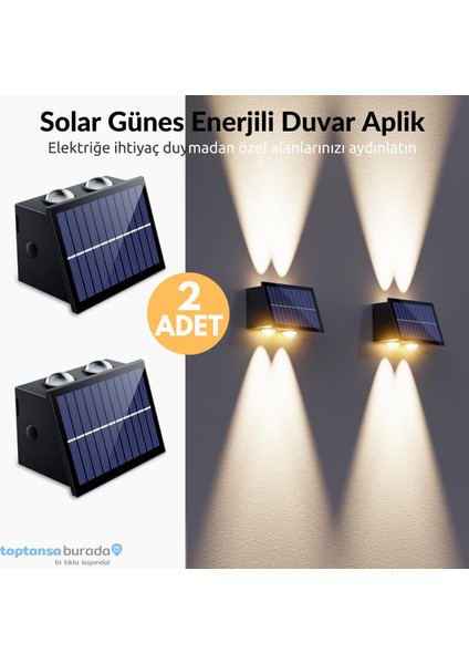 2ADET Güneş Enerjili Çift Taraflı 4 Ledli Aplik Sarı Işık Duvar Lambası Bahçe Aydınlatma