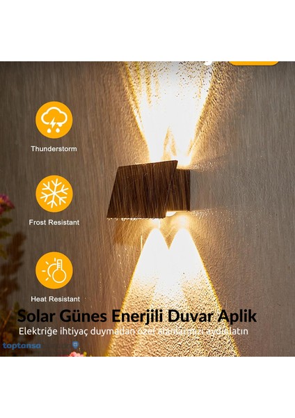 2ADET Güneş Enerjili Çift Taraflı 4 Ledli Aplik Sarı Işık Duvar Lambası Bahçe Aydınlatma