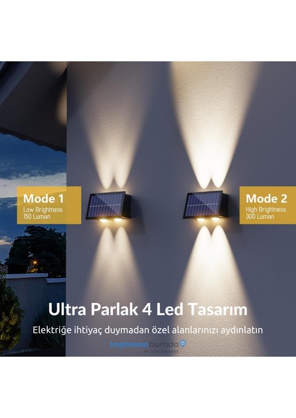 2ADET Güneş Enerjili Çift Taraflı 4 Ledli Aplik Sarı Işık Duvar Lambası Bahçe Aydınlatma