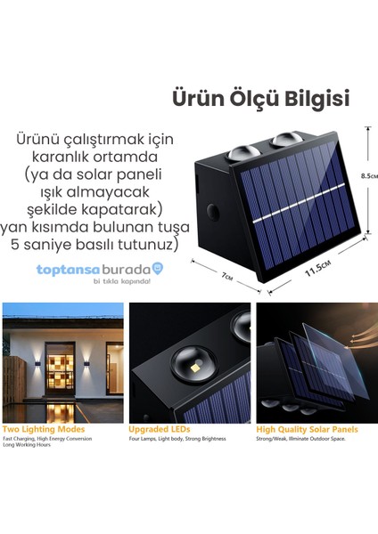 2ADET Güneş Enerjili Çift Taraflı 4 Ledli Aplik Sarı Işık Duvar Lambası Bahçe Aydınlatma