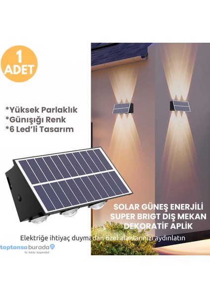 1ADET Güneş Enerjili Çift Taraflı 6 Ledli Aplik Sarı Işık Duvar Lambası Bahçe Aydınlatma