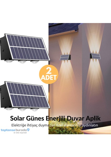 2ADET Güneş Enerjili Çift Taraflı 6 Ledli Aplik Sarı Işık Duvar Lambası Bahçe Aydınlatma