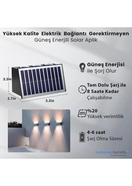2ADET Güneş Enerjili Çift Taraflı 6 Ledli Aplik Sarı Işık Duvar Lambası Bahçe Aydınlatma