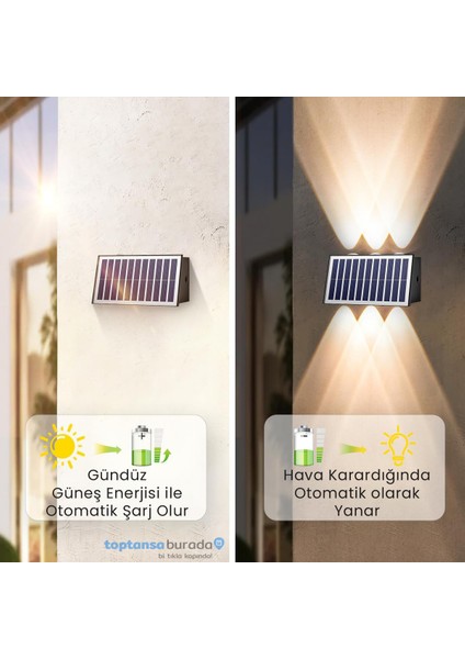 2ADET Güneş Enerjili Çift Taraflı 6 Ledli Aplik Sarı Işık Duvar Lambası Bahçe Aydınlatma