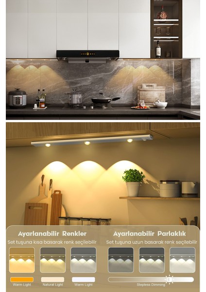 Hareket Sensörlü Şarj Edilebilir 3 Farklı Renk Yanabilen 3 LED Dekoratif Lamba,dolap Işığı