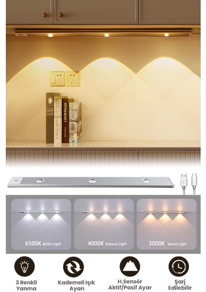 Hareket Sensörlü Şarj Edilebilir 3 Farklı Renk Yanabilen 3 LED Dekoratif Lamba,dolap Işığı