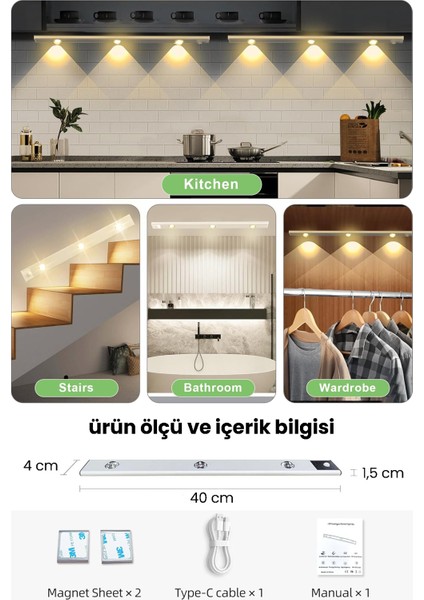 Hareket Sensörlü Şarj Edilebilir 3 Farklı Renk Yanabilen 3 LED Dekoratif Lamba,dolap Işığı