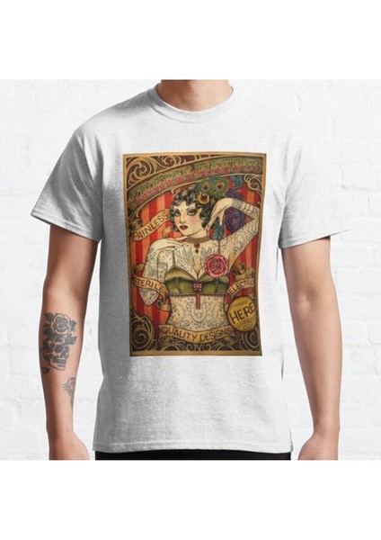 Bol Kalıp Unisex Chapel Tattoo; Vintage Body Advertising Art Tasarım Baskılı Tshirt