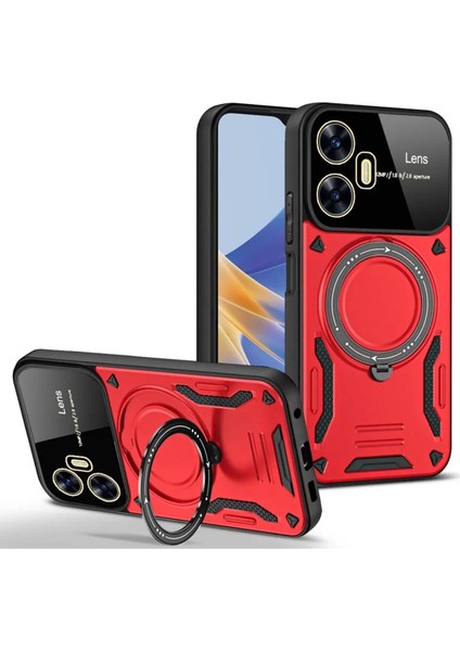 Denza Case Realme C55 Kılıf Lens Korumalı Yüzüklü Armor Kapak - Kırmızı