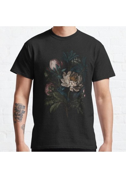 Bol Kalıp Unisex Dark Academia Peony Botanical Tasarım Baskılı Tshirt