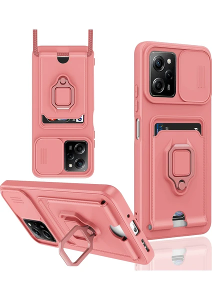 Denza Case Xiaomi Poco X5 Pro 5g Kılıf Kartvizitli Askılı Standlı Kapak - Pembe