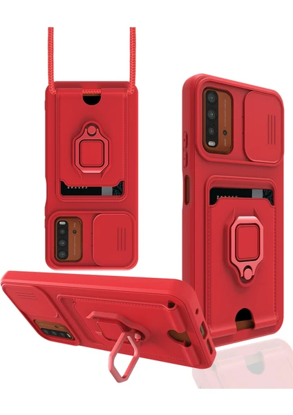 Denza Case Xiaomi Redmi 9t Kılıf Kartvizitli Askılı Standlı Kapak - Kırmızı