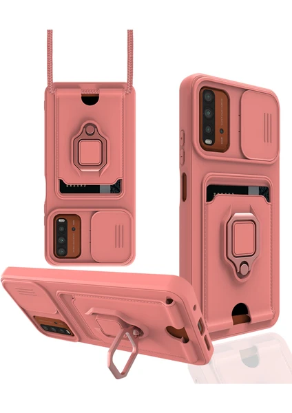 Denza Case Xiaomi Redmi 9t Kılıf Kartvizitli Askılı Standlı Kapak - Pembe