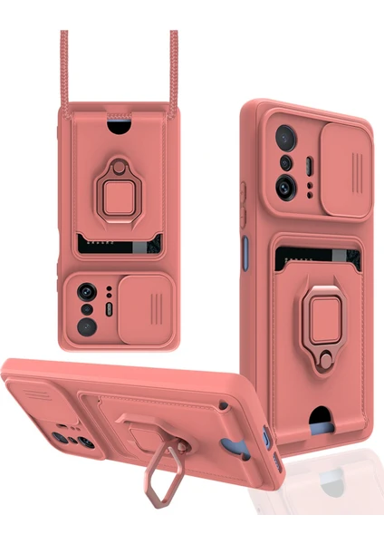 Denza Case Xiaomi Mi 11T Kılıf Kartvizitli Askılı Standlı Kapak - Pembe