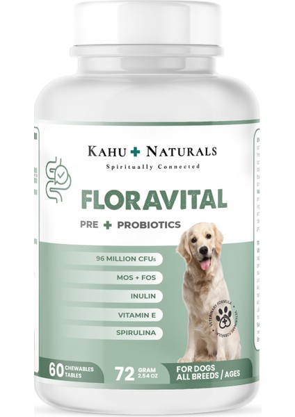 Kahu Naturals Floravital, Köpekler Için Probiyotik ve Prebiyotik Desteği, 60 Tablet