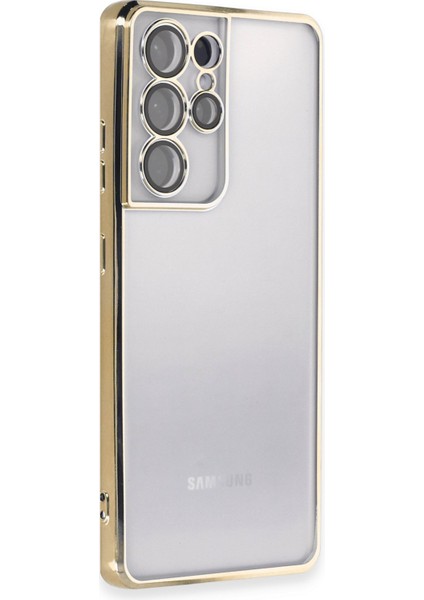 Samsung Galaxy S21 Ultra Kılıf Kenarları Renkli Kamera Çıkıntılı Kapak - Gold