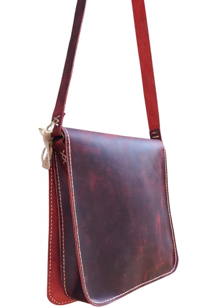 Thor Model Hakiki Deri El Yapımı Unisex Bordo Tek Körüklü Vintage Postacı Çantası