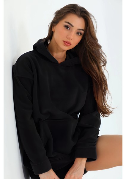 Kadın Basic 3 Iplik Hoodie Şardonlu Kapşonlu Içi Pamuklu Bol Kesim Okul Sweatshirt