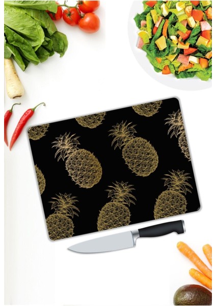 Ananas Desenli | Cam Kesme Tahtası | 25 x 35 cm