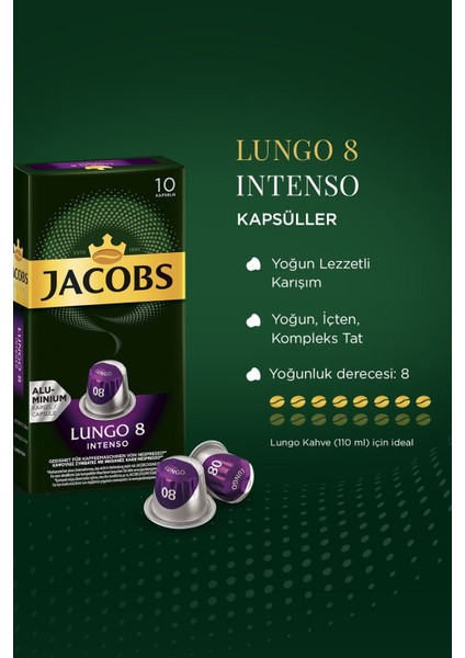 Lungo 8 Intenso Nespresso Uyumlu Alüminyum Kapsül Kahve 10 Adet X 3 Paket