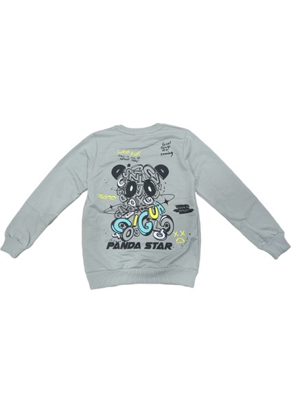 Erkek Çocuk Panda Star Önü Arkası Yazı Resim Desenli Gri Renk Sweatshirt