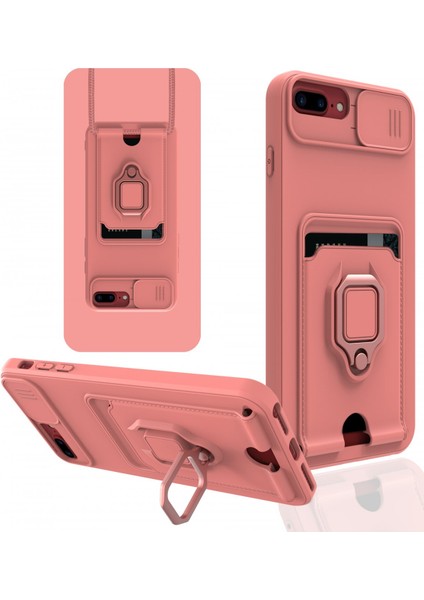 Apple iPhone 8 Plus Kılıf Kartvizitli Askılı Standlı Kapak - Pembe