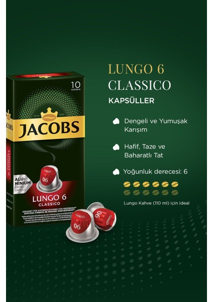 Lungo 6 Classic Nespresso Uyumlu Alüminyum Kapsül Kahve 10'lu