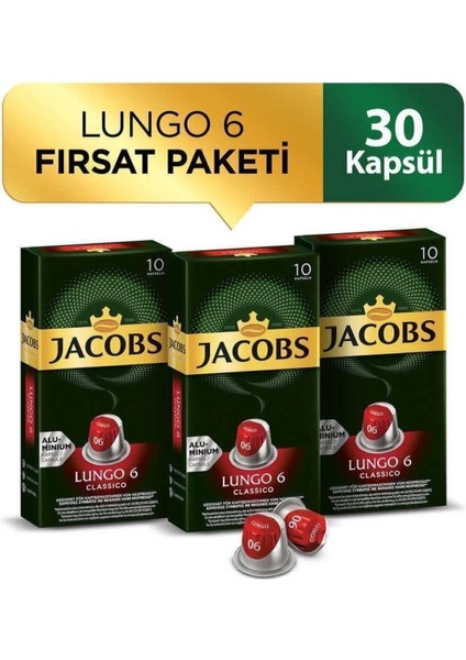 Lungo 6 Classic Nespresso Uyumlu Alüminyum Kapsül Kahve 10 Adet X 3 Paket