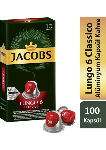 Lungo 6 Classic Nespresso Uyumlu Alüminyum Kapsül Kahve 10 Adet X 10 Paket