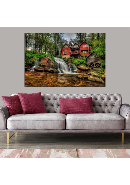Dekoratif Baskı Kırmızı Ağaç Ev ve Şalale Kanvas Tablo