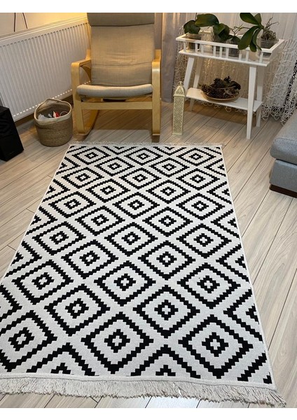 Kilim Çift Taraflı Pamuklu Dokuma Yıkanabilir Modern Kilim Siyah-Beyaz