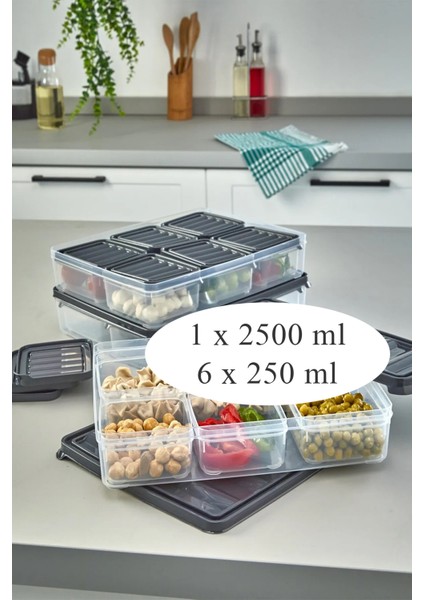 Krm Home 7'li Set Dondurucu, Bakliyat, Yemek Kabı, Piknik Kahvaltı Taze Gıda Saklama Kabı (1x2,5 LT-6X250 Ml)