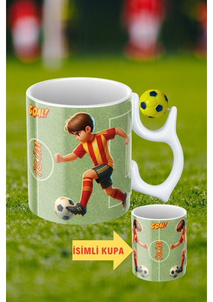 Sarı Lacivert Futbol Toplu Sarı Kırmızı Forma Oyunculu Taraftar Isimli Baskılı Kupa Bardak