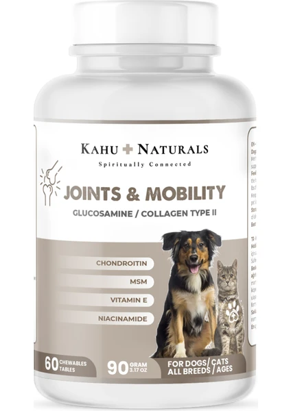 Kahu Naturals Joints&mobility, Glukozamin, Kondritin, Msm, Kolajen, Kedi ve Köpek, 60 Tablet