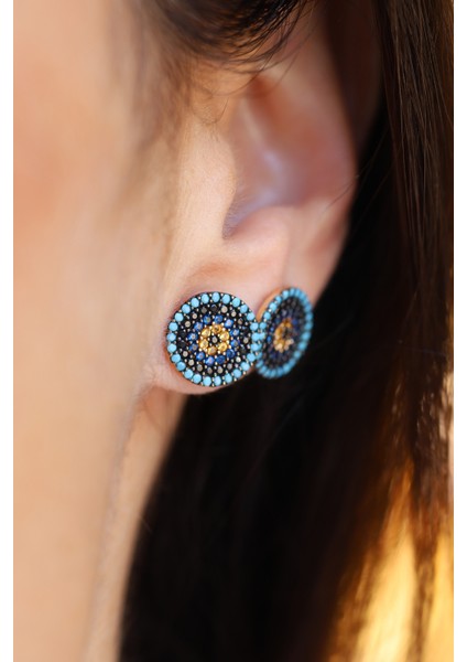 14 Ayar Altın Kadın Koyu Lacivert Nazar Boncuklu Küpe