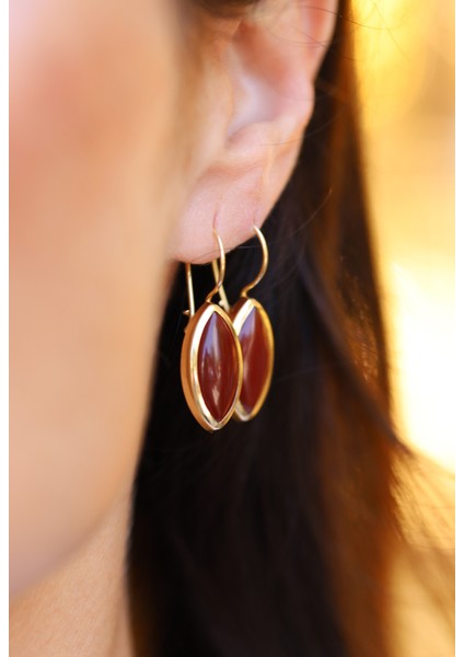 14 Ayar Altın Kadın Oval Akik Taşlı Küpe