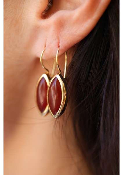 14 Ayar Altın Kadın Oval Akik Taşlı Küpe modelleri