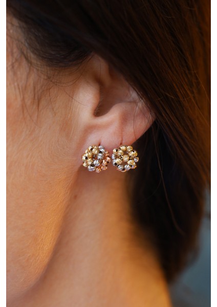 14 Ayar Altın Üç Renkli Dorica Kadın Top Küpe