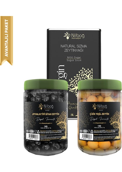 Ege'nin Saf Lezzeti Paketi Natural Sızma Zeytinyağı 3 Lt, Çizik Zeytin 1kg, Ayvalık Siyah ZEYTIN1KG