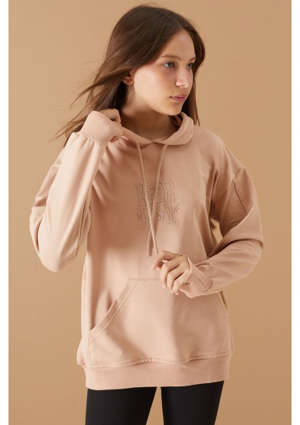 Bej Keep Read Baskılı Kız Çocuk Kapüşonlu Sweatshirt 19356 modelleri