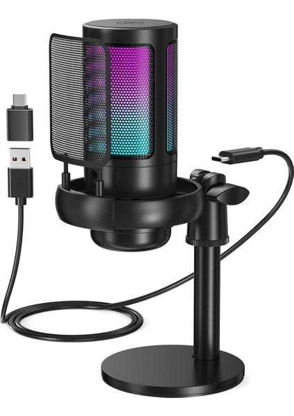 Youtuber Mikrofon Mv-7 Siyah Rgb USB Oyuncu Yayıncı ve Podcast Için Uyumlu Condenser Mikrofon