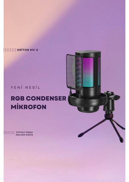 Youtuber Mikrofon Mv-5 Siyah Rgb USB Oyuncu Yayıncı ve Podcast Için Uyumlu Condenser Mikrofon