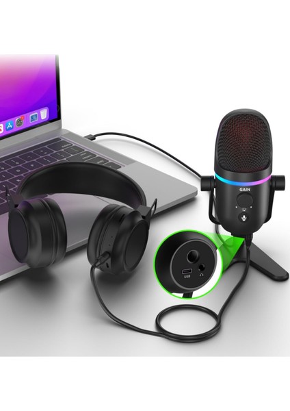 Driton Youtuber Mikrofon Mv-8 Siyah USB Rgb Dinamik Cardioid Condenser Podcast Yayıncı Mikrofonu