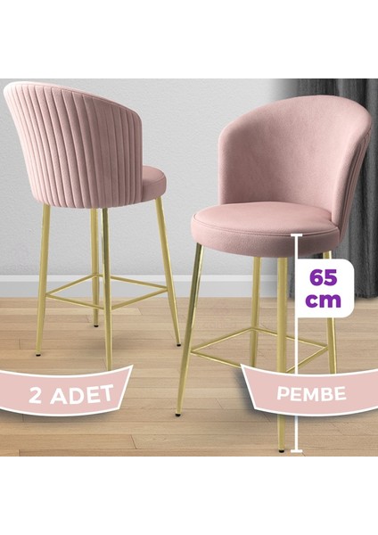 Alte Serisi 2 Adet Babyface Kumaş 65 cm Gold Kaplama Ayaklı Bar Sandalyesi